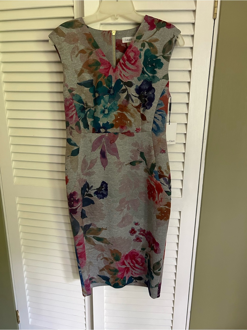 NWT Calvin Klein Gray Floral Midi Sheath Dress with Multicolor Blooms